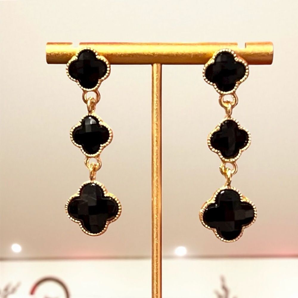Elegant Black Crystal Clover Drop Gold Earrings